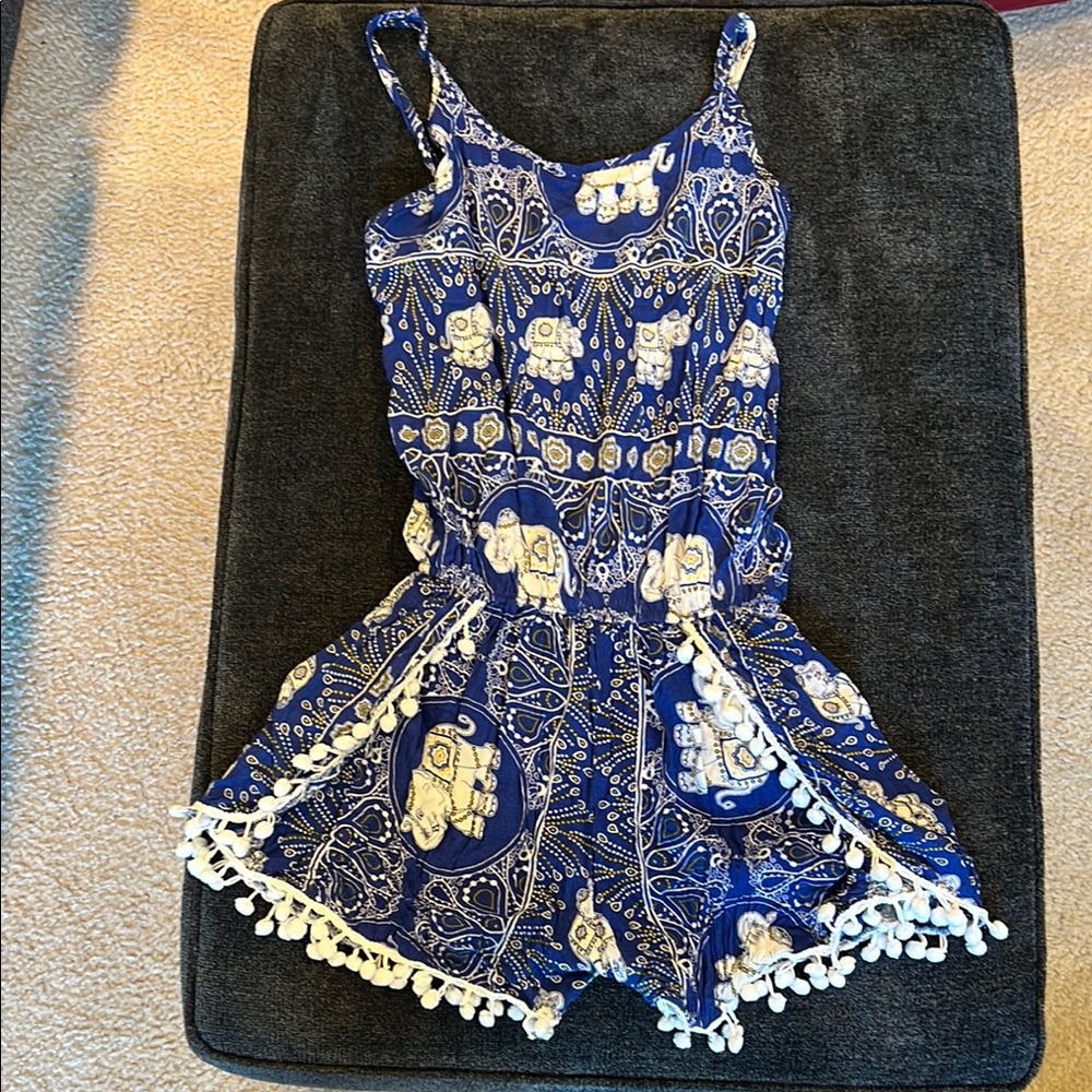 Blue and Shorts Romper with White Elephants and Raw Hem